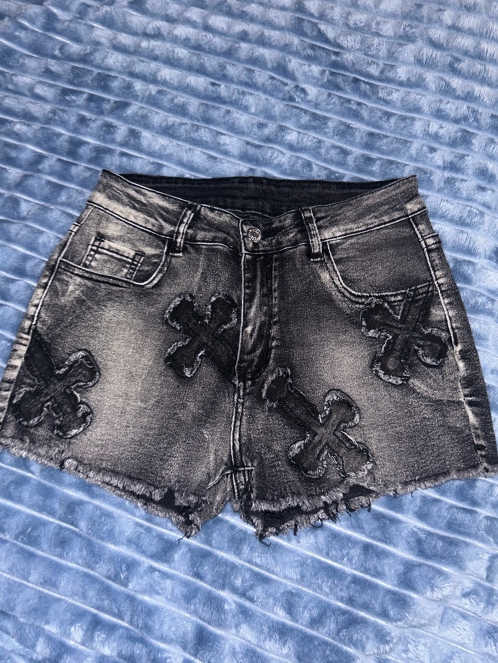 SHEIN Black Washed Denim Shorts with Cross Patch Details
